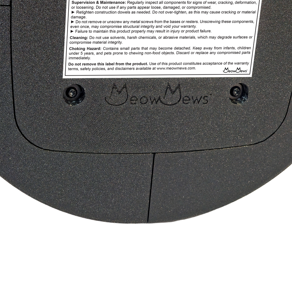 Back of a product with 'Meow Mews' branding and safety label.