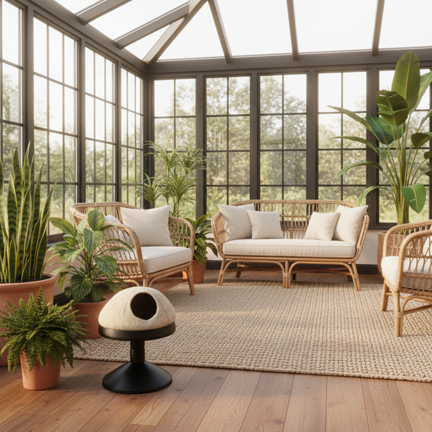 Modern conservatory with rattan furniture, plants, and a rug featuring Meow Mews Luna raised cat bed in black