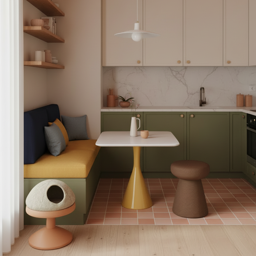 Modern kitchen with green cabinets, white table, and brown floor featuring a raised cat bed made by Meow Mews in peach
