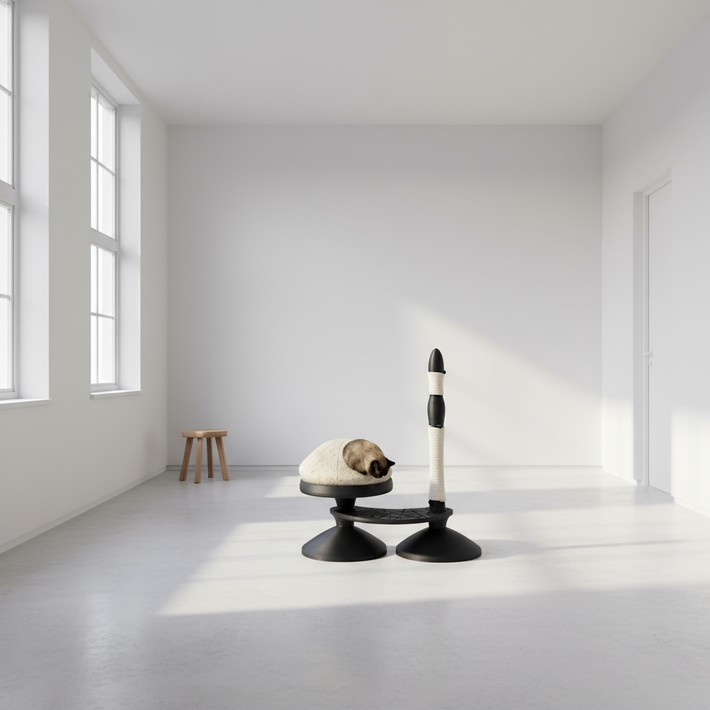 Modern interior with a minimalist design featuring a modern design premium sculptural cat tree