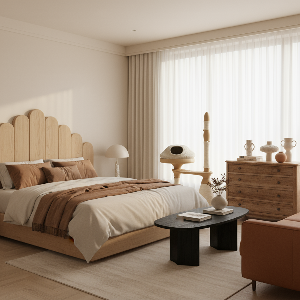 Modern bedroom with wooden furniture, bed, and decor featuring Meow Mews' Oliver cat tree