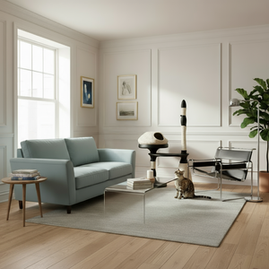 Modern living room with a gray sofa, coffee table, and decorative items, featuring a modern, sculptural cat tree