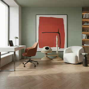 Modern interior with a desk, chairs, and abstract art on a wall featuring meow mews whiskers in beige